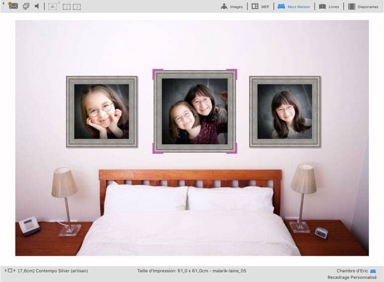 ProSelect : Présentation des photos agrandies à l'échelle dans un mur de maison de client